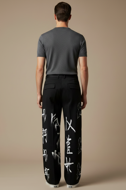 Pantalon Japonais Noir Ample Streetwear Imprimé Graphique - Gabardine - vue 2