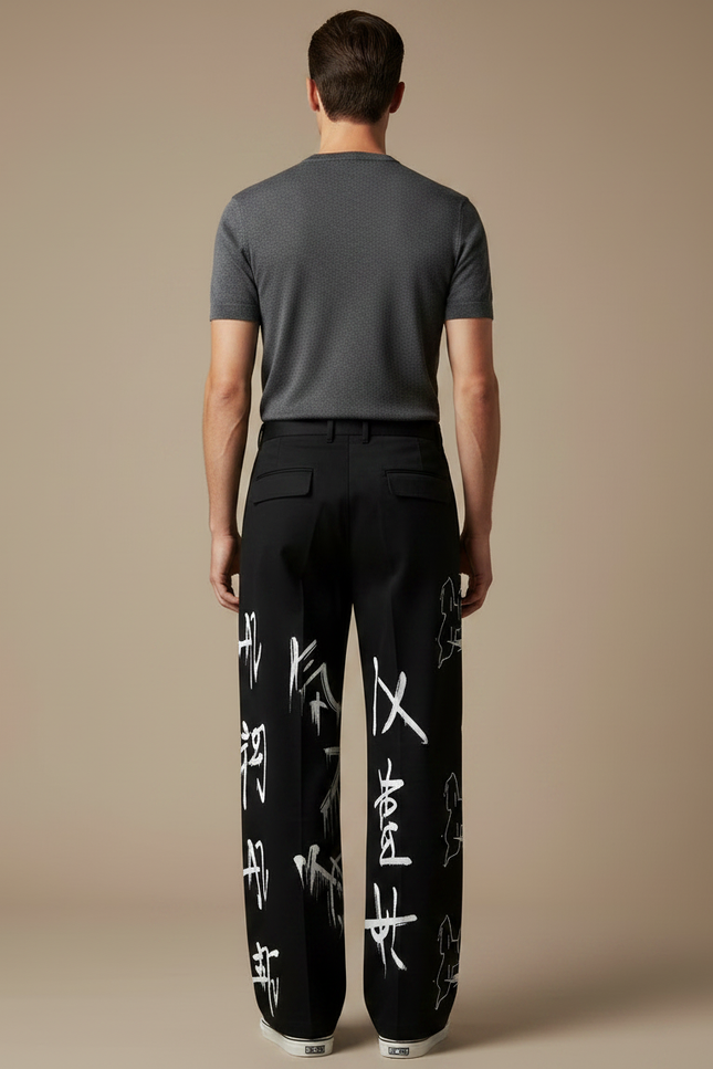 Pantalon Japonais Noir Ample Streetwear Imprimé Graphique - Gabardine - vue 2