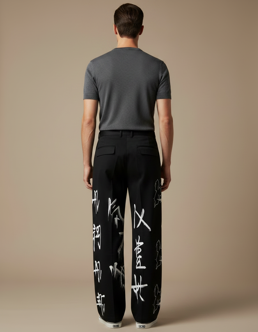 Pantalon Japonais Noir Ample Streetwear Imprimé Graphique - Gabardine - vue 2