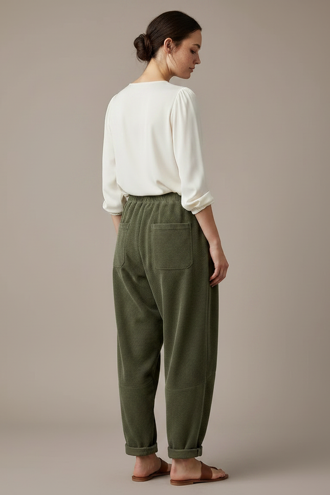 Pantalon Japonais Vert Côtelé Ample Décontracté Élastique - Kaki Cordé - vue 2