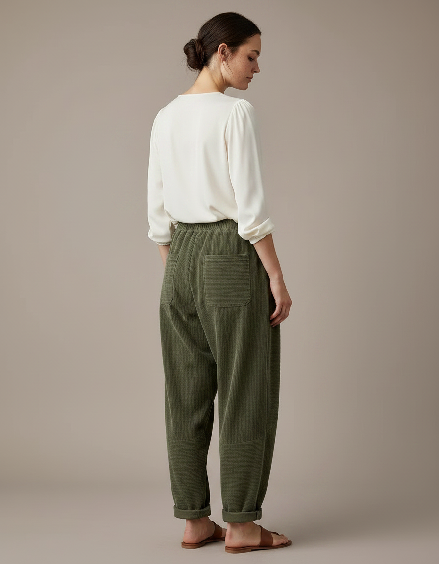 Pantalon Japonais Vert Côtelé Ample Décontracté Élastique - Kaki Cordé - vue 2