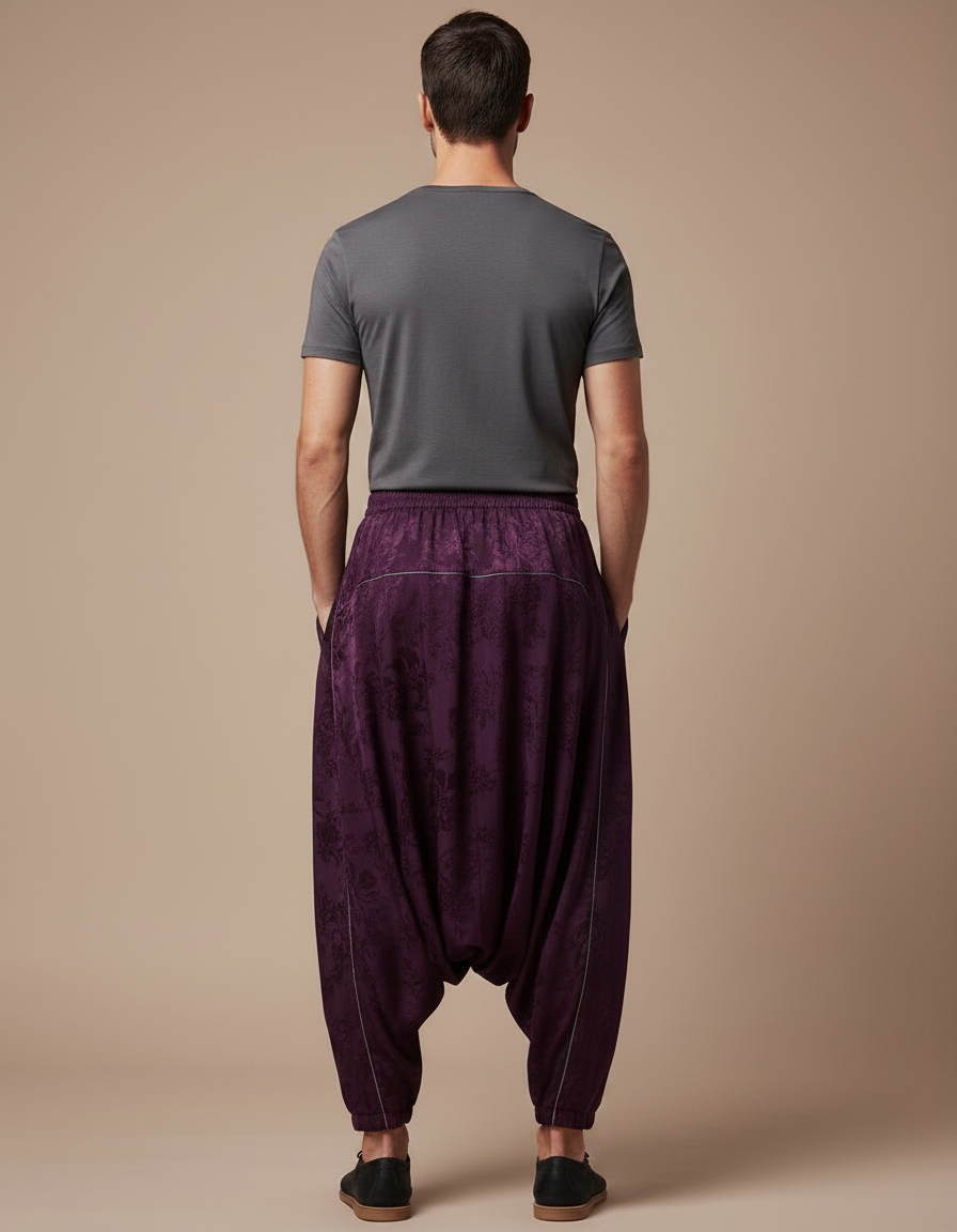 Pantalon Japonais Violet Satin Dragon Brodé Ample - vue 2