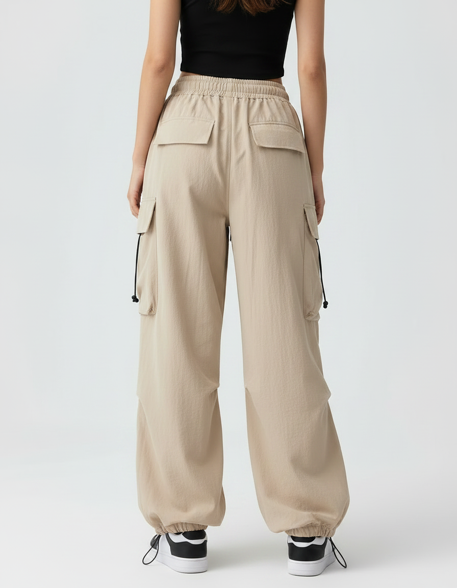 Pantalon Japonais Cargo Beige Ample Décontracté Femme - Polyester - vue 2