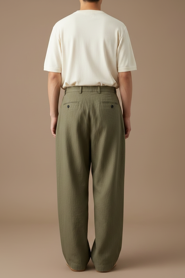 Pantalon Japonais Vert Ample Plissé Décontracté Homme - Kaki Lin - vue 2