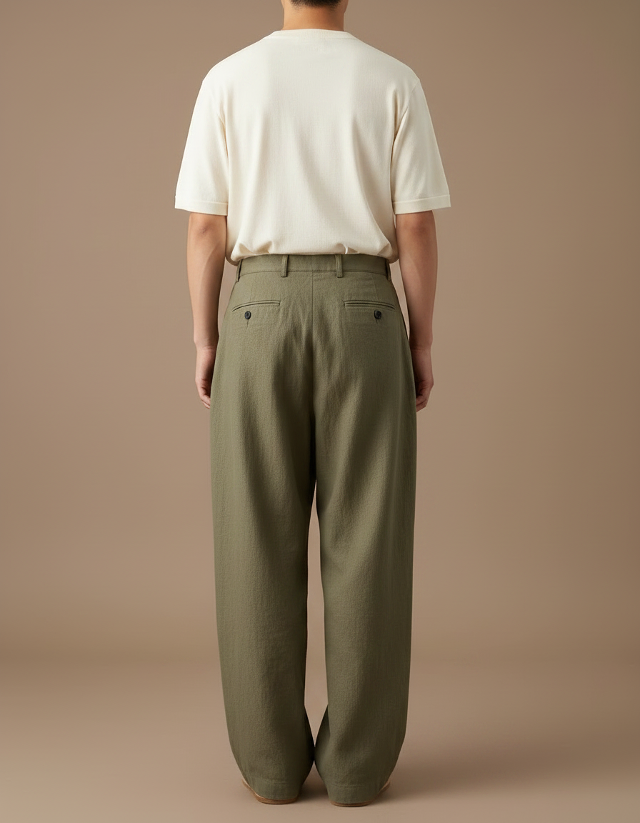 Pantalon Japonais Vert Ample Plissé Décontracté Homme - Kaki Lin - vue 2