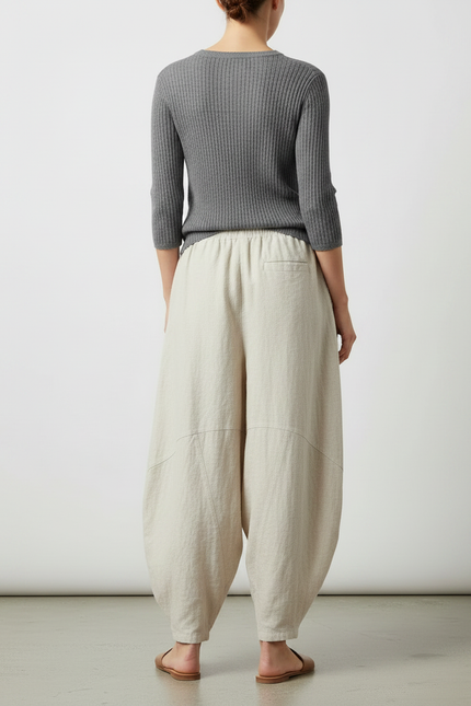 Pantalon Japonais Beige Ample Coton Lin Décontracté - vue 2