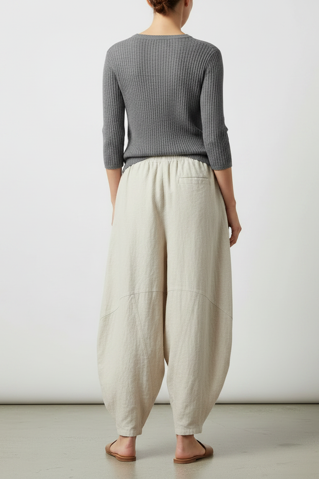 Pantalon Japonais Beige Ample Coton Lin Décontracté - vue 2