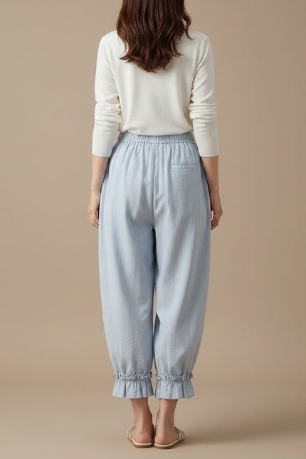 Pantalon Japonais Bleu Ample Volants Coton Décontracté - vue 2