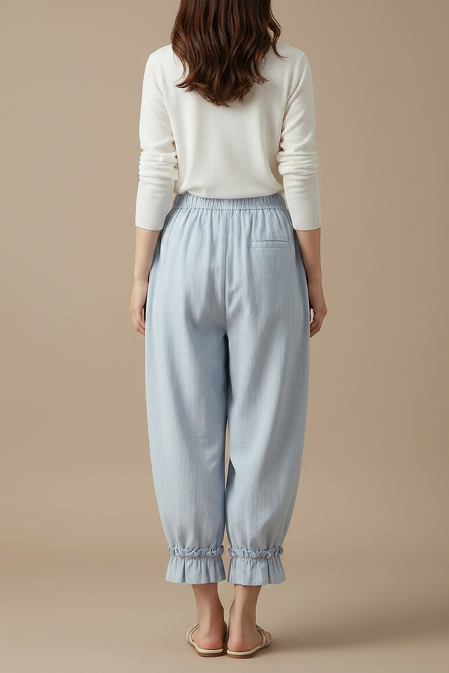 Pantalon Japonais Bleu Ample Volants Coton Décontracté - vue 2