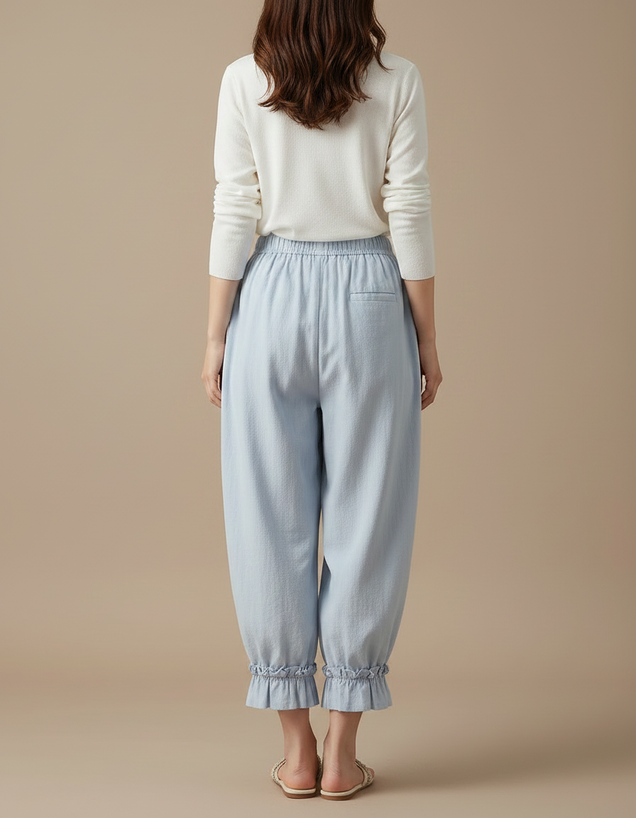 Pantalon Japonais Bleu Ample Volants Coton Décontracté - vue 2