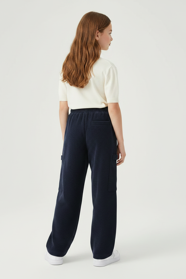 Pantalon Japonais Bleu Marine Côtelé Ample Décontracté Enfant - Cordé - vue 2