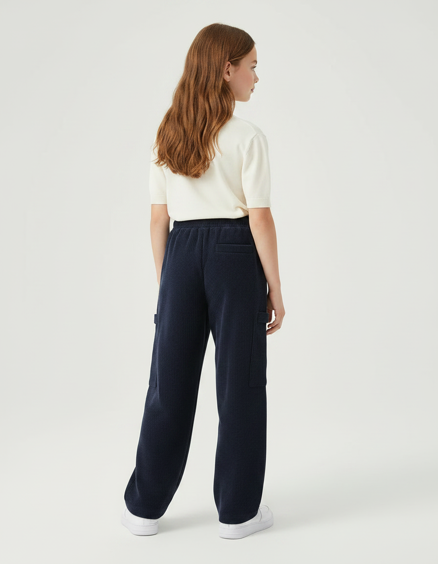 Pantalon Japonais Bleu Marine Côtelé Ample Décontracté Enfant - Cordé - vue 2