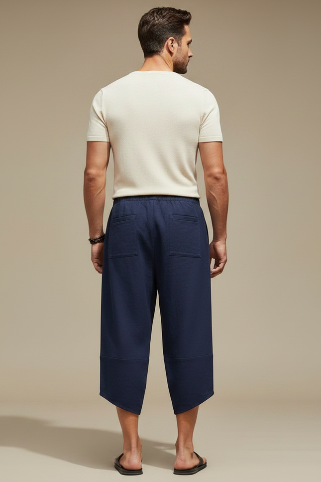 Pantalon Japonais Bleu Marine Coton Ample Court Cordon - vue 2