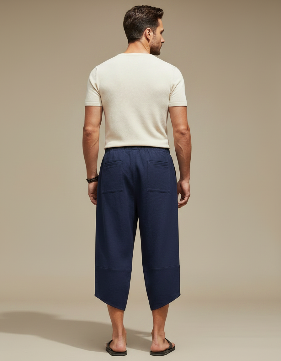 Pantalon Japonais Bleu Marine Coton Ample Court Cordon - vue 2