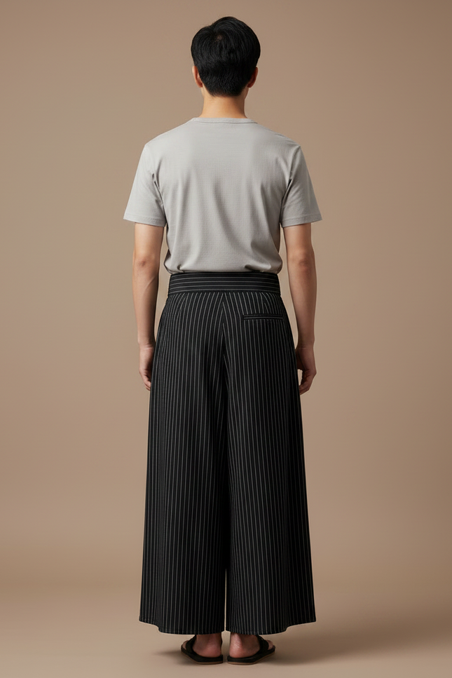 Pantalon Japonais Noir Rayé Ample Plissé Homme - Coton - vue 2