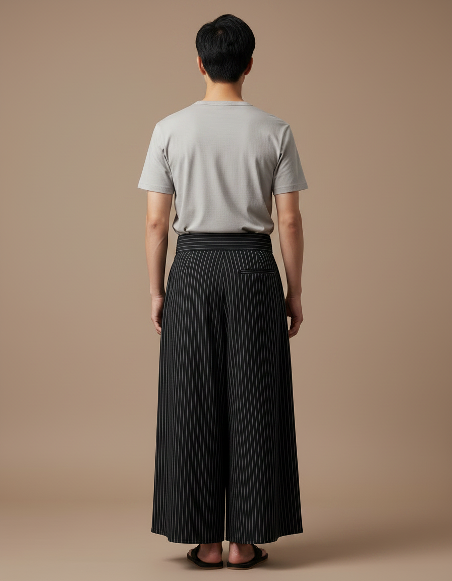Pantalon Japonais Noir Rayé Ample Plissé Homme - Coton - vue 2