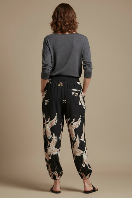 Pantalon Japonais Noir Fluide Ample Grue Imprimé - Viscose - vue 2