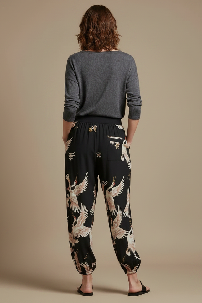 Pantalon Japonais Noir Fluide Ample Grue Imprimé - Viscose - vue 2