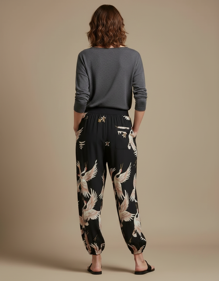 Pantalon Japonais Noir Fluide Ample Grue Imprimé - Viscose - vue 2