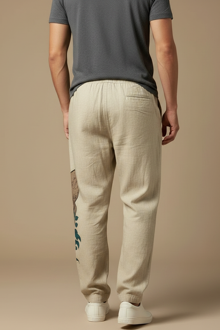 Pantalon Japonais Lin Ample Imprimé Loutre Homme - Beige - vue 2