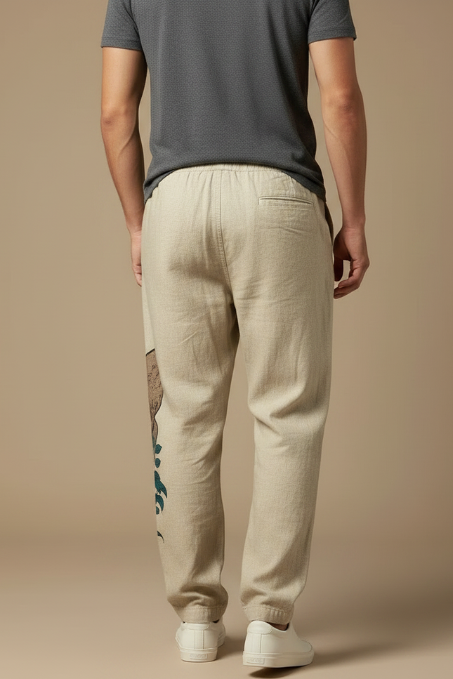 Pantalon Japonais Lin Ample Imprimé Loutre Homme - Beige - vue 2