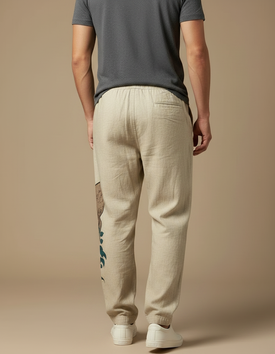 Pantalon Japonais Lin Ample Imprimé Loutre Homme - Beige - vue 2