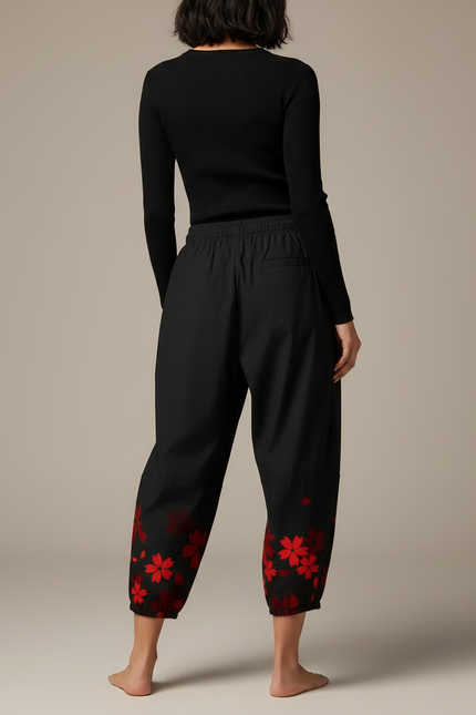 Pantalon Japonais Noir Fleuri Ample Fluide Renard - Polyester - vue 2