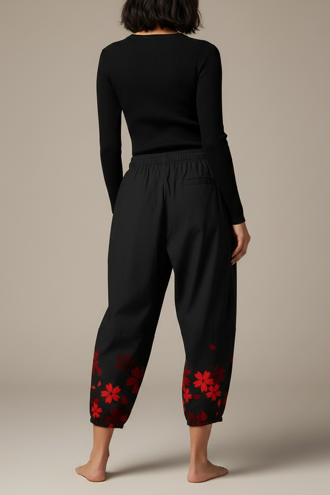 Pantalon Japonais Noir Fleuri Ample Fluide Renard - Polyester - vue 2