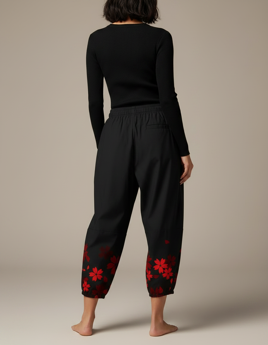 Pantalon Japonais Noir Fleuri Ample Fluide Renard - Polyester - vue 2