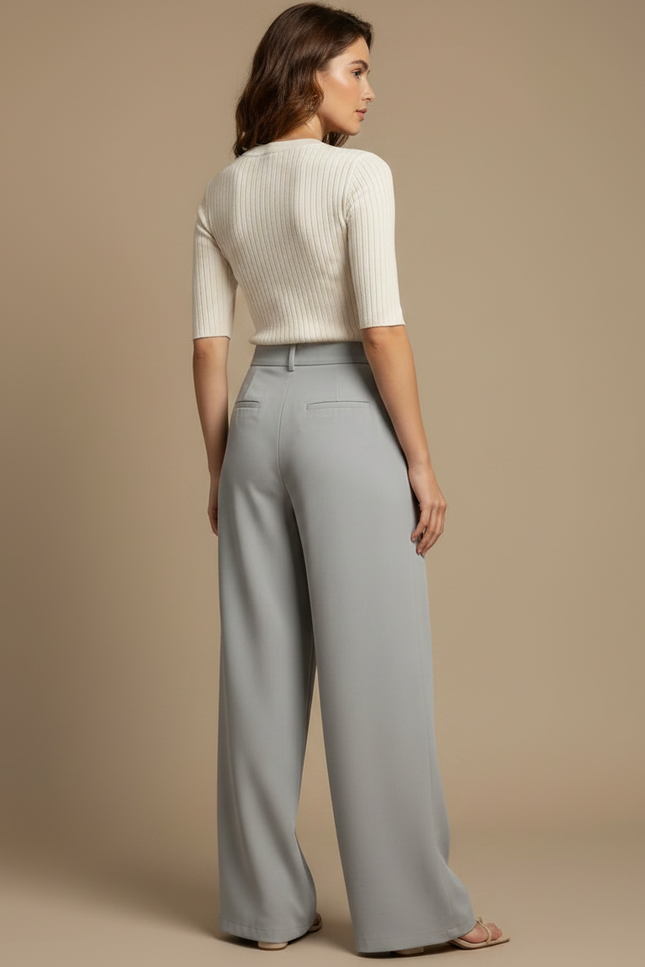 Pantalon Japonais Fluide Ample Gris Clair Plissé Femme - Viscose - vue 2