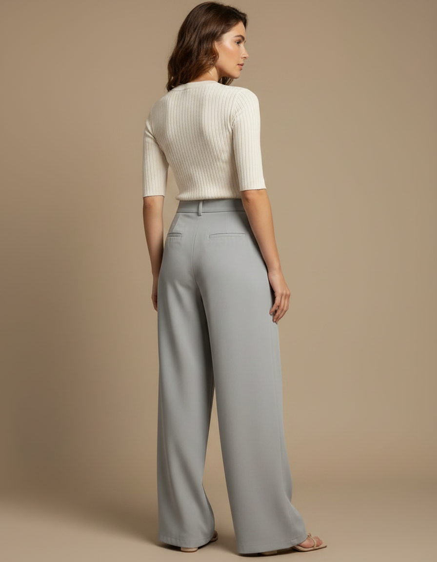 Pantalon Japonais Fluide Ample Gris Clair Plissé Femme - Viscose - vue 2