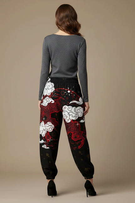 Pantalon Japonais Noir Dragon Rouge Ample Harajuku - Viscose - vue 2