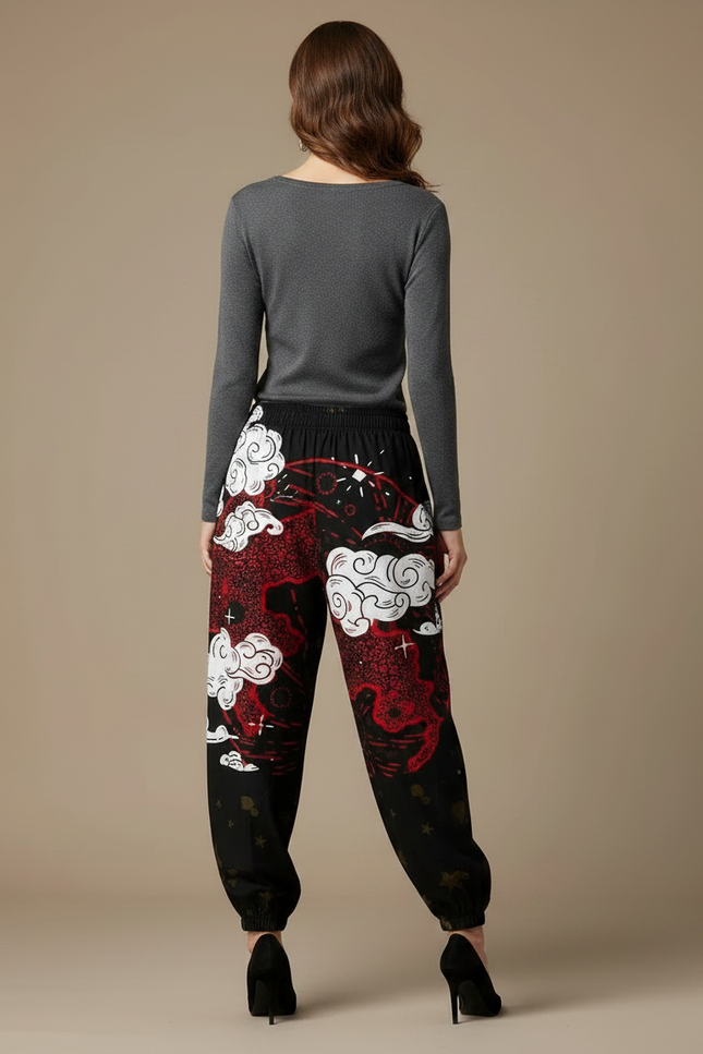 Pantalon Japonais Noir Dragon Rouge Ample Harajuku - Viscose - vue 2