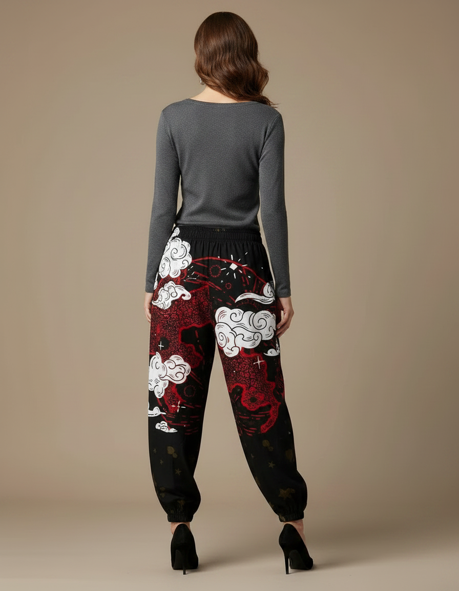 Pantalon Japonais Noir Dragon Rouge Ample Harajuku - Viscose - vue 2