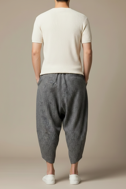 Pantalon Japonais Gris Lin Ample Imprimé Sarouel Décontracté - vue 2