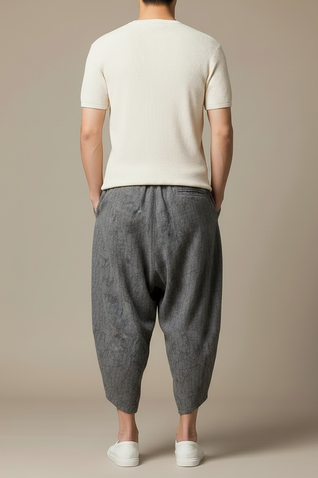 Pantalon Japonais Gris Lin Ample Imprimé Sarouel Décontracté - vue 2