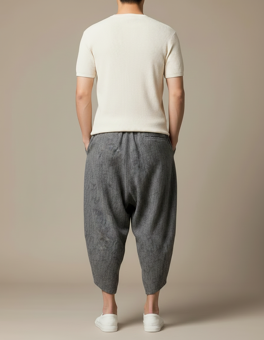 Pantalon Japonais Gris Lin Ample Imprimé Sarouel Décontracté - vue 2