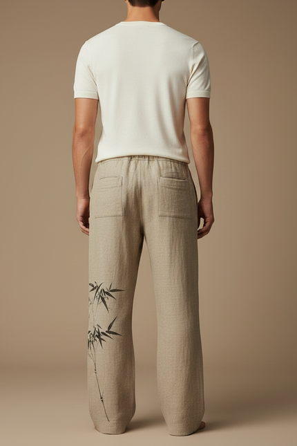 Pantalon Japonais Lin Ample Bambou Beige Décontracté - vue 2