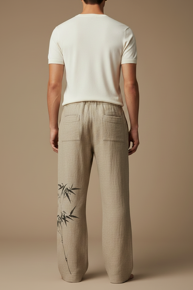 Pantalon Japonais Lin Ample Bambou Beige Décontracté - vue 2