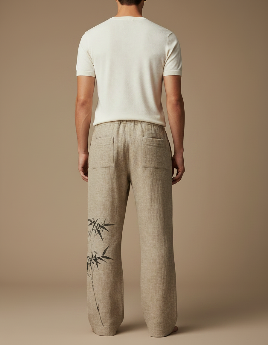 Pantalon Japonais Lin Ample Bambou Beige Décontracté - vue 2