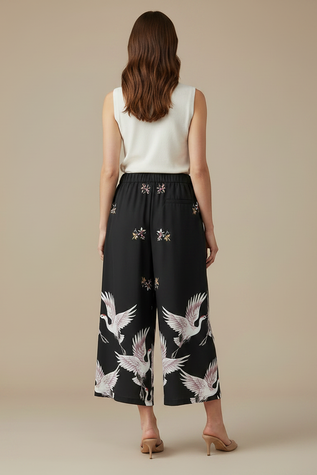 Pantalon Japonais Noir Fluide Ample Imprimé Grue - Viscose - vue 2