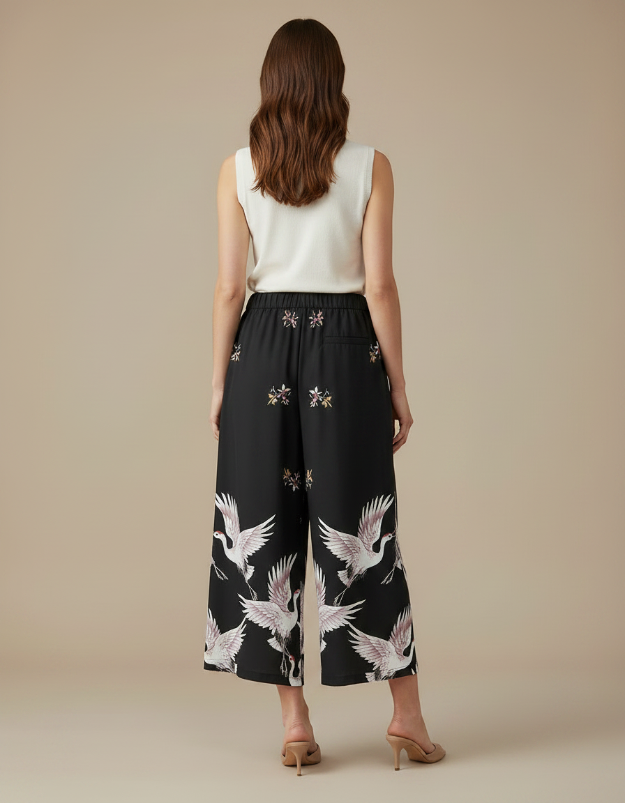 Pantalon Japonais Noir Fluide Ample Imprimé Grue - Viscose - vue 2