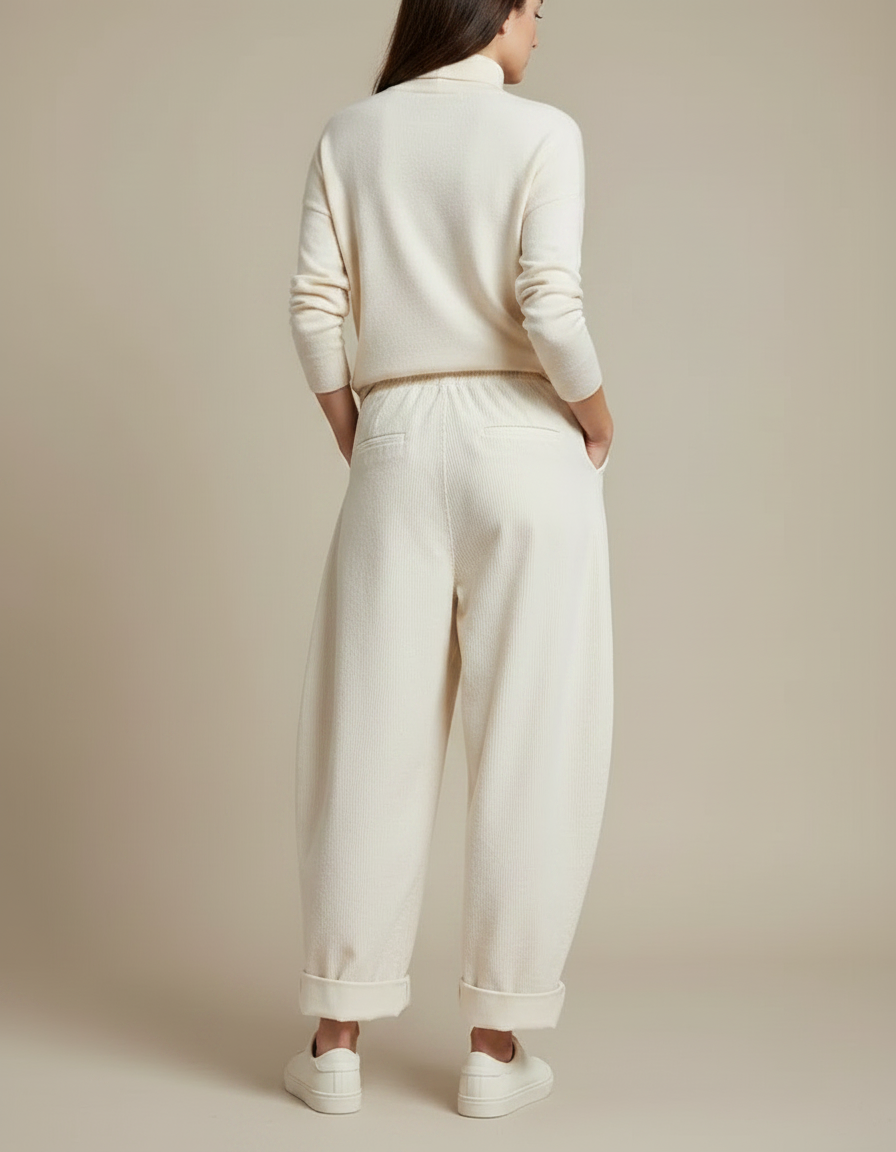 Pantalon Japonais Velours Côtelé Crème Ample Confortable - Beige - vue 2