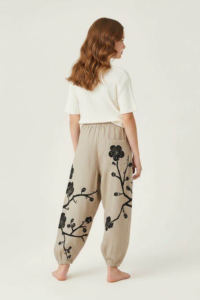 Pantalon Japonais Harem Beige Fleuri Enfant Décontracté - Lin - vue 2