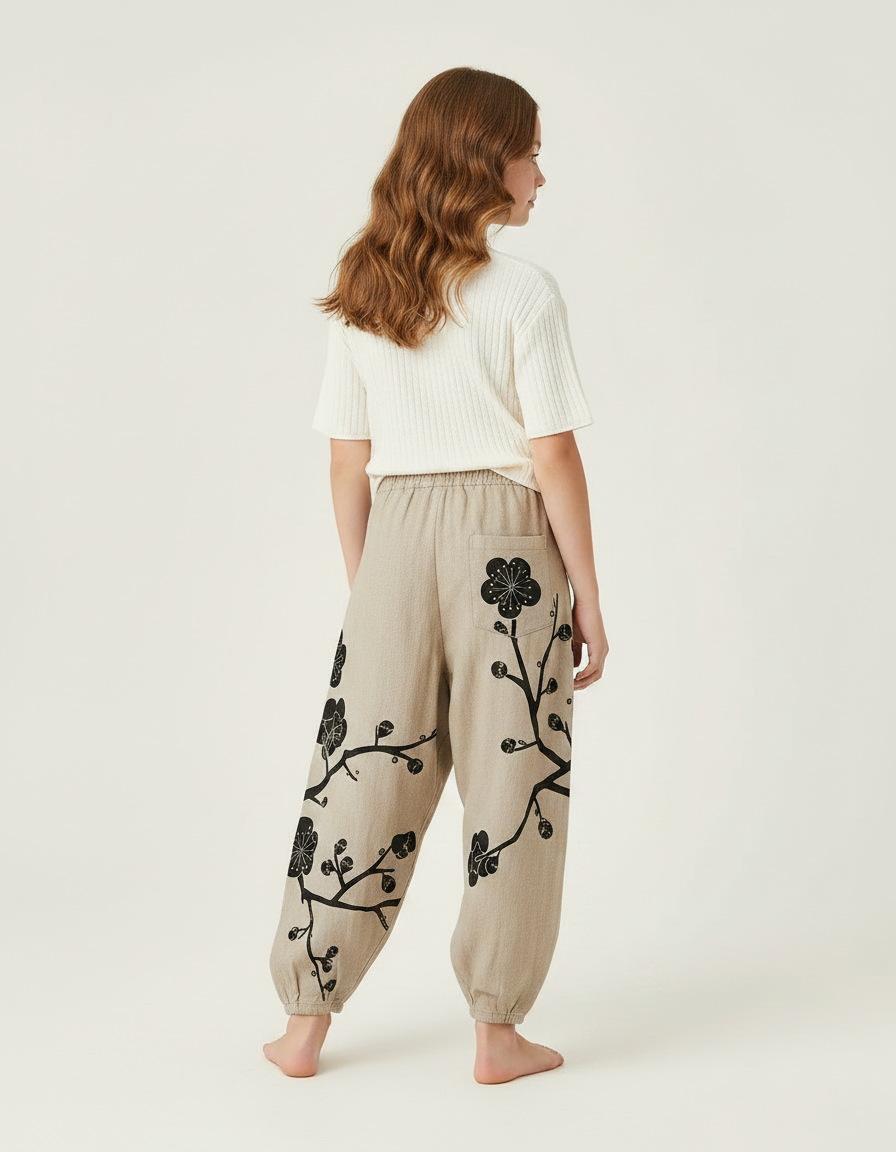Pantalon Japonais Harem Beige Fleuri Enfant Décontracté - Lin - vue 2
