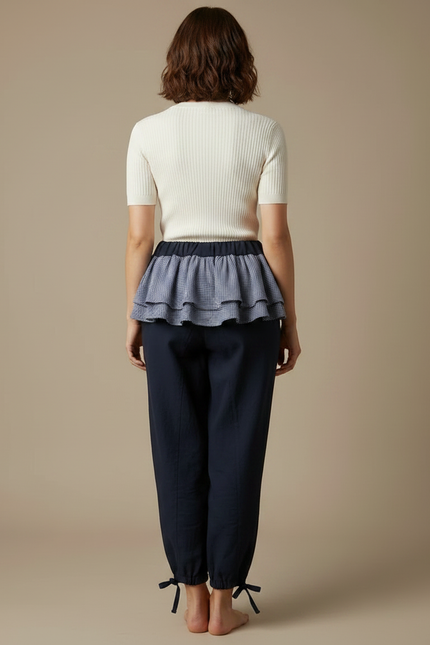Pantalon Japonais Marine Ample Volants Cordon Chevilles - Lin - vue 2