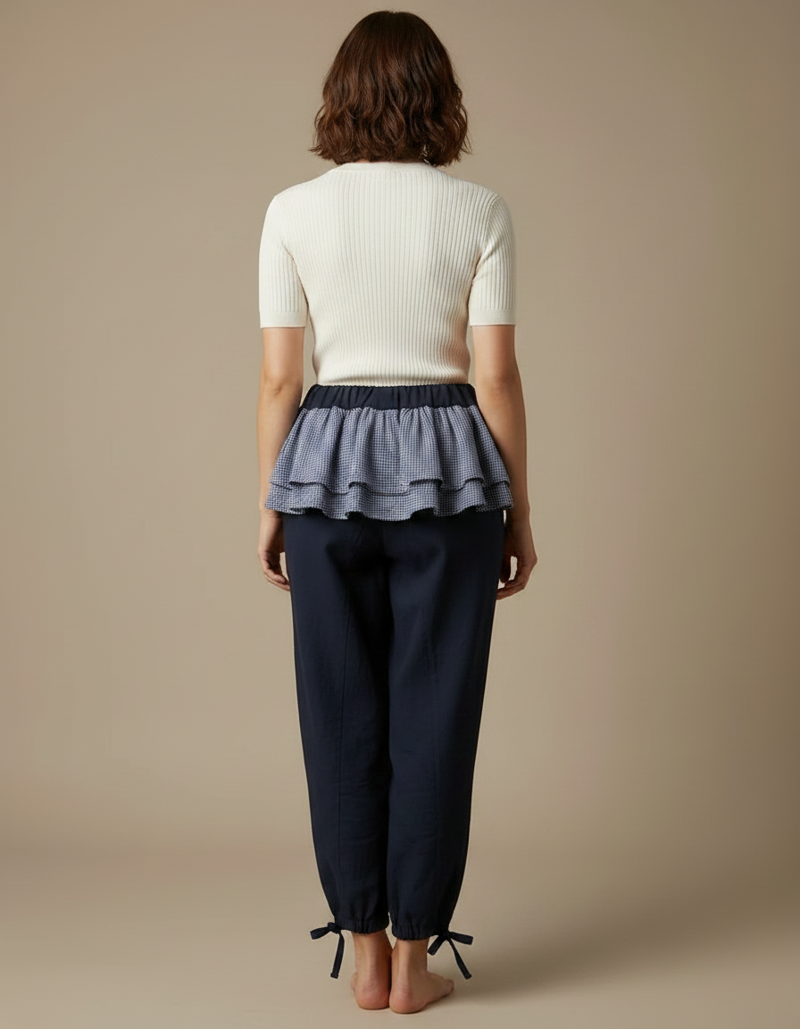 Pantalon Japonais Marine Ample Volants Cordon Chevilles - Lin - vue 2