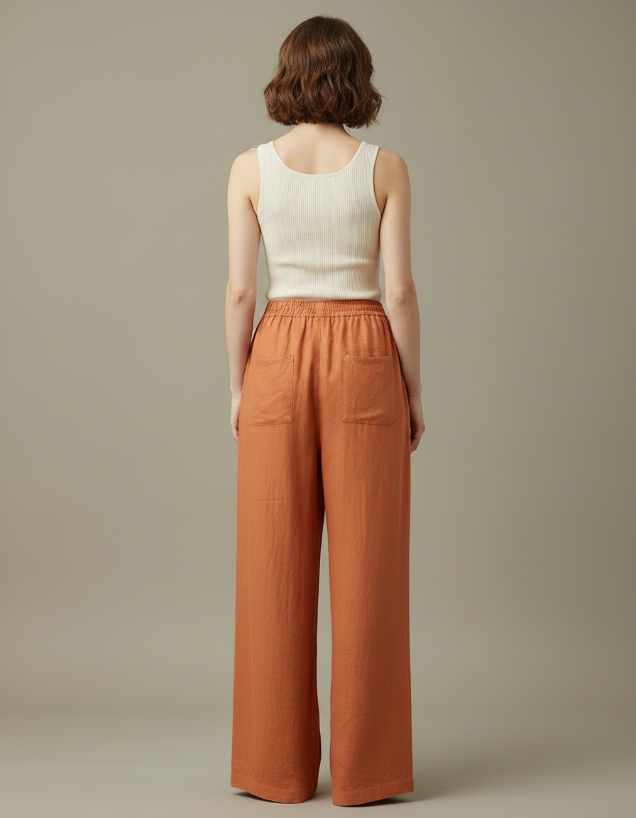 Pantalon Japonais Lin Ample Orange Fluide Femme - vue 2