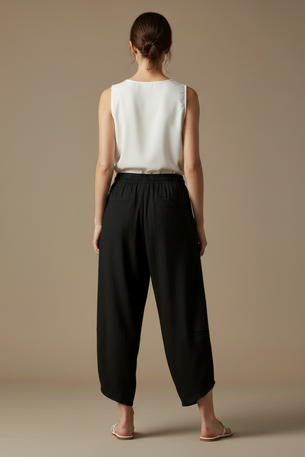 Pantalon Japonais Noir Ample Brodé Fleurs Grues - Lin - vue 2