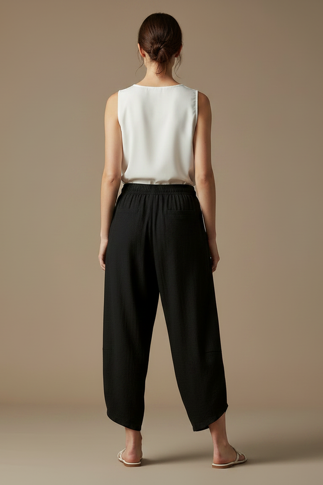 Pantalon Japonais Noir Ample Brodé Fleurs Grues - Lin - vue 2